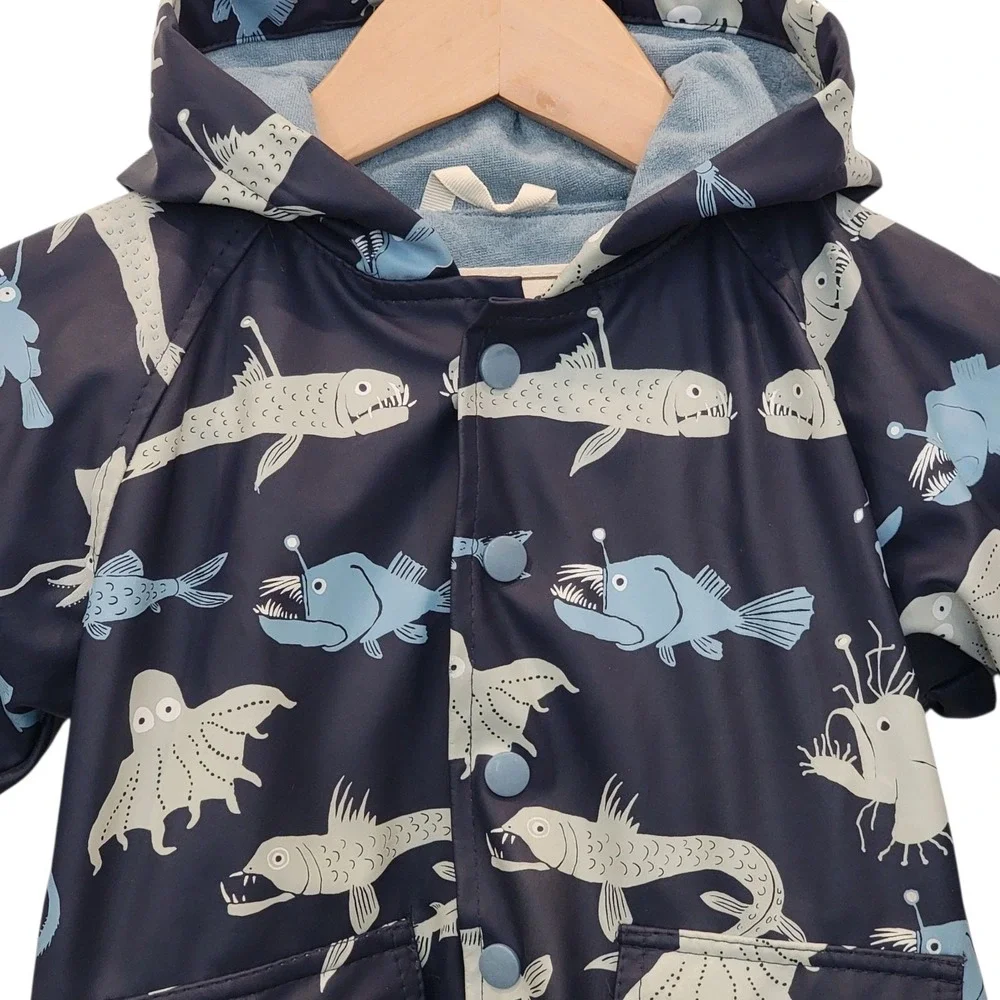 Hatley Raincoat Toddler‎ Size 2 Blue Angler Fish Deep Sea Creatures Terry Lined